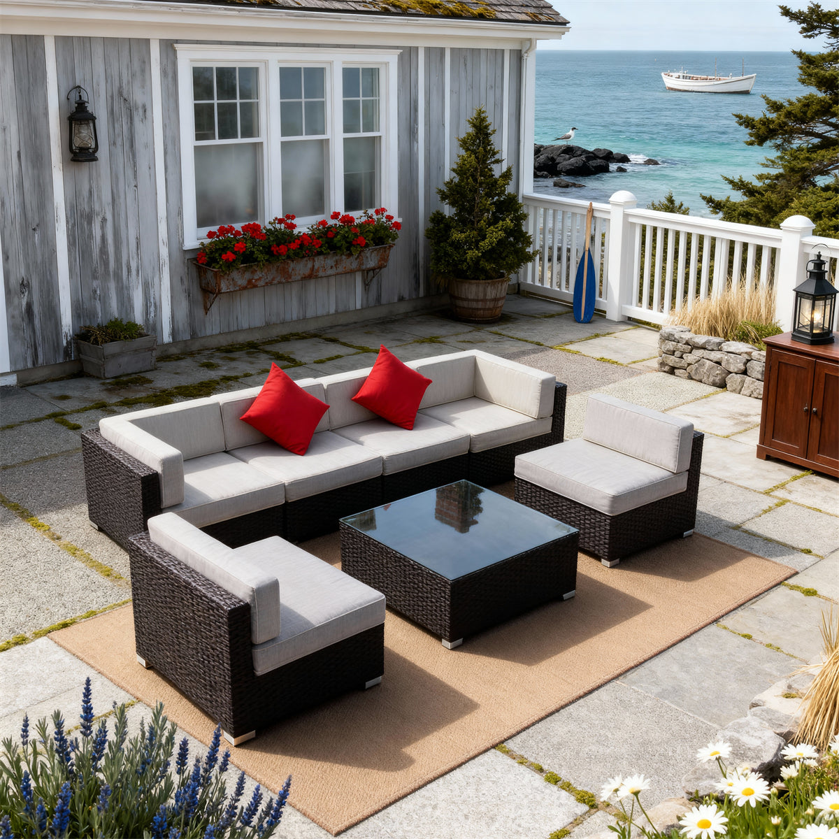 SFTZ2622 All-Black Wicker Modular Outdoor Lounge Set with Cream Cushions & Red Pillows – Maine Coastal Modern Villa Patio Luxury Outdoor Social Furniture Set