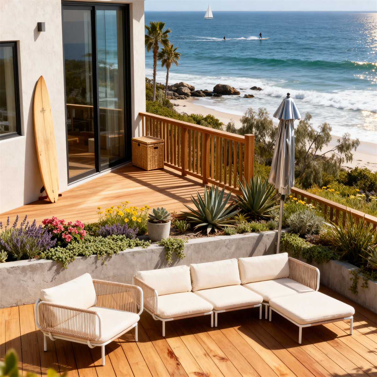 SFTZ2623 Light Brown Rattan & White Frame Modular Outdoor Lounge Set with Cream Cushions – Caribbean Modern Coastal Pool Villa Patio Luxury Outdoor Social Furniture Set