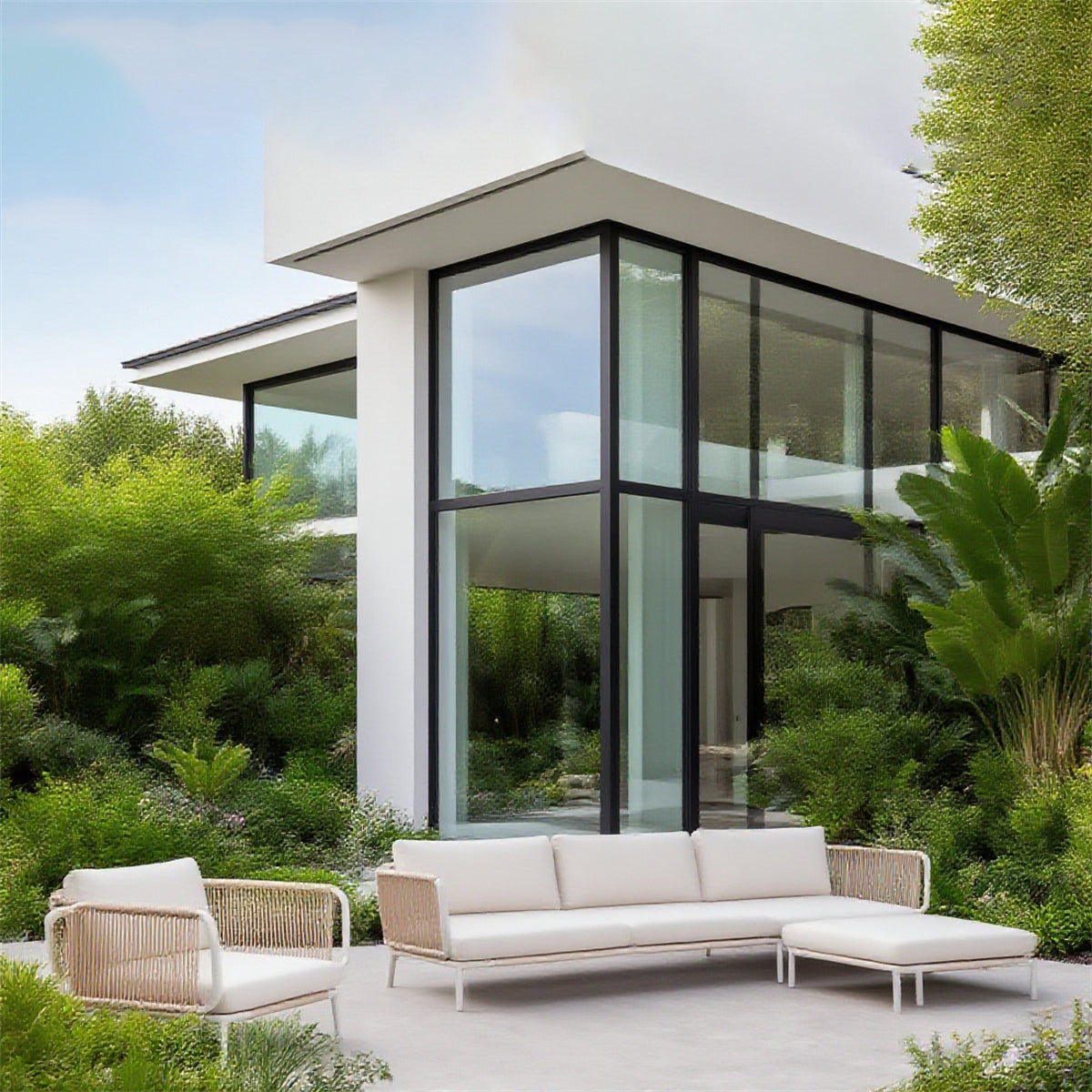 SFTZ2623 Light Brown Rattan & White Frame Modular Outdoor Lounge Set with Cream Cushions – Caribbean Modern Coastal Pool Villa Patio Luxury Outdoor Social Furniture Set