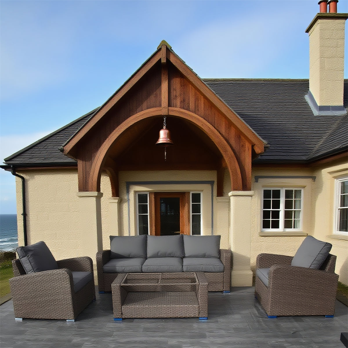 SFTZ2625 Light Grey Wicker Outdoor Lounge Set with Dark Grey Cushions – Brittany French Coastal Stone Cottage Patio Luxury Outdoor Social Furniture Set