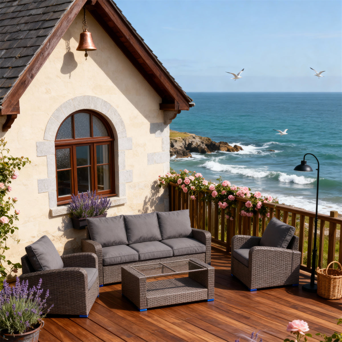SFTZ2625 Light Grey Wicker Outdoor Lounge Set with Dark Grey Cushions – Brittany French Coastal Stone Cottage Patio Luxury Outdoor Social Furniture Set