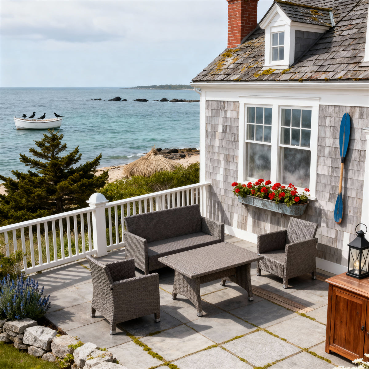 SFTZ2626 Light Brown Wicker Outdoor Lounge & Dining Set – Cape Cod American Coastal Cottage Patio Luxury Outdoor Social Furniture Set