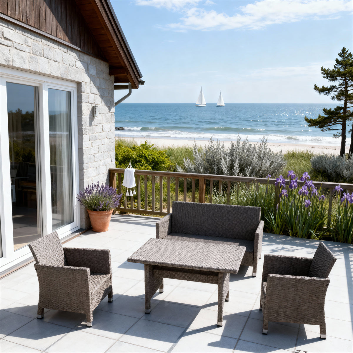 SFTZ2626 Light Brown Wicker Outdoor Lounge & Dining Set – Cape Cod American Coastal Cottage Patio Luxury Outdoor Social Furniture Set