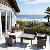SFTZ2626 Light Brown Wicker Outdoor Lounge & Dining Set – Cape Cod American Coastal Cottage Patio Luxury Outdoor Social Furniture Set