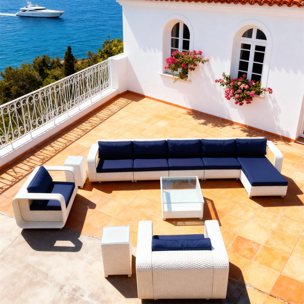SFTZ2627 White Wicker Modular Outdoor Lounge Set with Navy Cushions – Sicilian Coastal Villa Patio Luxury Outdoor Social Furniture Set