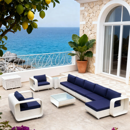 SFTZ2627 White Wicker Modular Outdoor Lounge Set with Navy Cushions – Sicilian Coastal Villa Patio Luxury Outdoor Social Furniture Set
