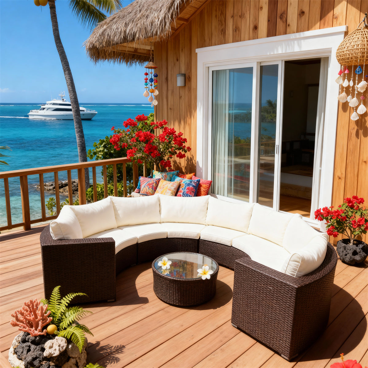 SFTZ2628 Dark Brown Wicker Curved Outdoor Lounge Set with Cream Cushions – Fijian Tropical Overwater Bungalow Patio Luxury Outdoor Social Furniture Set