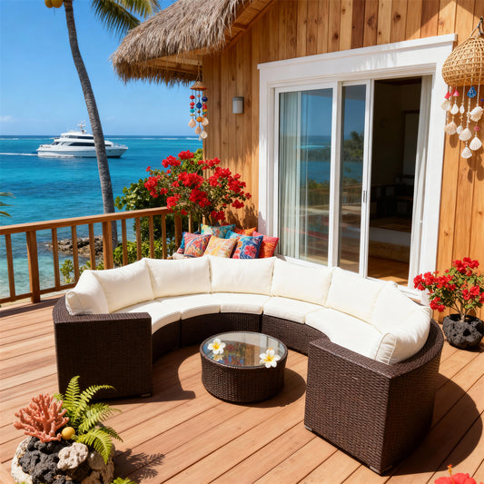 SFTZ2628 Dark Brown Wicker Curved Outdoor Lounge Set with Cream Cushions – Fijian Tropical Overwater Bungalow Patio Luxury Outdoor Social Furniture Set