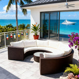 SFTZ2628 Dark Brown Wicker Curved Outdoor Lounge Set with Cream Cushions – Fijian Tropical Overwater Bungalow Patio Luxury Outdoor Social Furniture Set