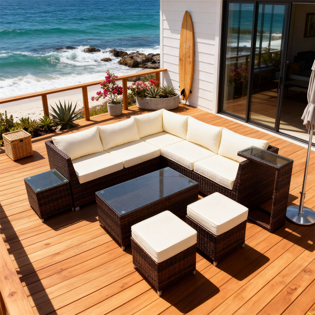 SFTZ2629 Dark Brown Wicker L-Shaped Modular Outdoor Lounge Set with Cream Cushions – Malibu California Coastal Modern Villa Patio Luxury Outdoor Social Furniture Set