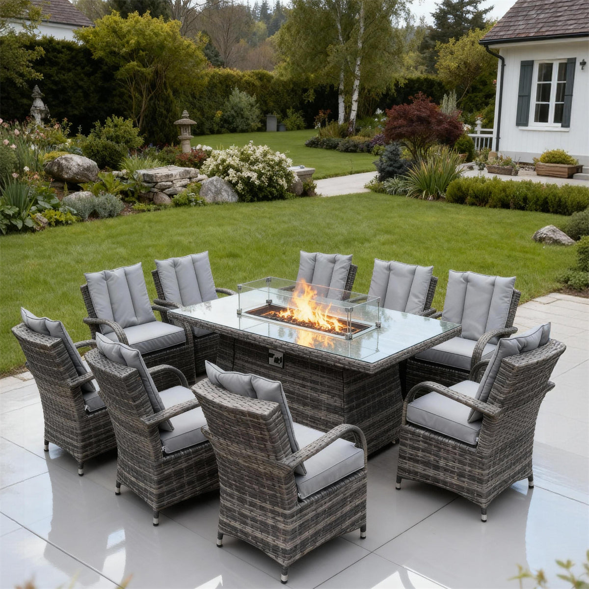 SFTZ2632 Grey-Brown Woven Wicker Outdoor Dining & Fire Pit Set with Light Grey Cushions – English Country Garden Patio Luxury Outdoor Social Furniture Set