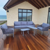 SFTZ2633 Grey Rattan Outdoor Lounge Set with Light Grey Cushions – Cornish Coastal Manor Patio 5-Piece Luxury Outdoor Social Furniture Set