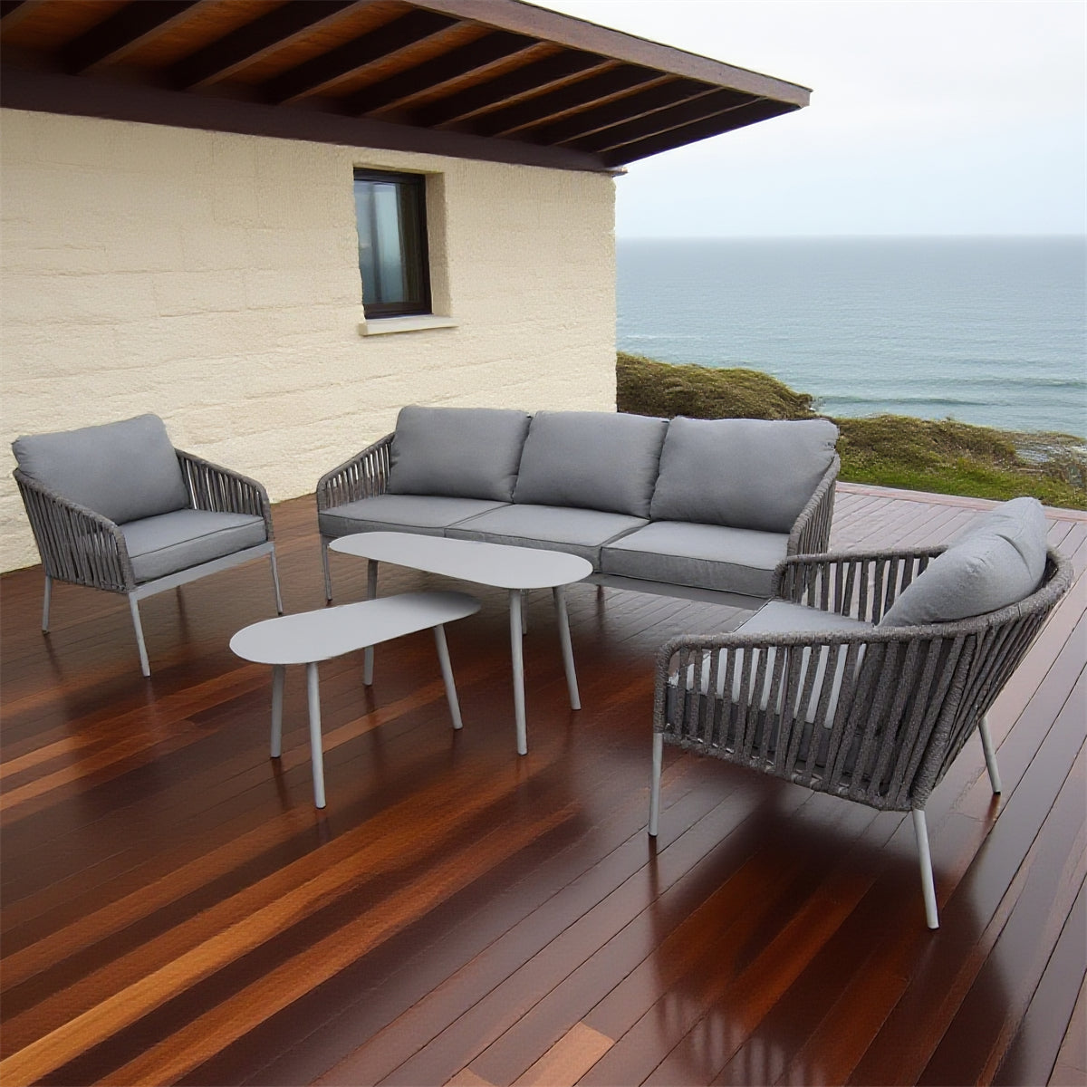 SFTZ2633 Grey Rattan Outdoor Lounge Set with Light Grey Cushions – Cornish Coastal Manor Patio 5-Piece Luxury Outdoor Social Furniture Set