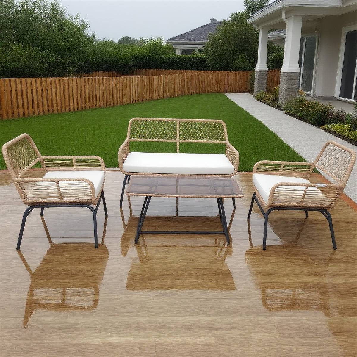 SFTZ2634 Light Brown Rattan Outdoor Lounge Set with Cream Cushions – North American Modern Luxury Backyard Patio 4-Piece Outdoor Social Furniture Set