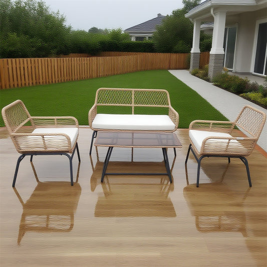 SFTZ2634 Light Brown Rattan Outdoor Lounge Set with Cream Cushions – North American Modern Luxury Backyard Patio 4-Piece Outdoor Social Furniture Set