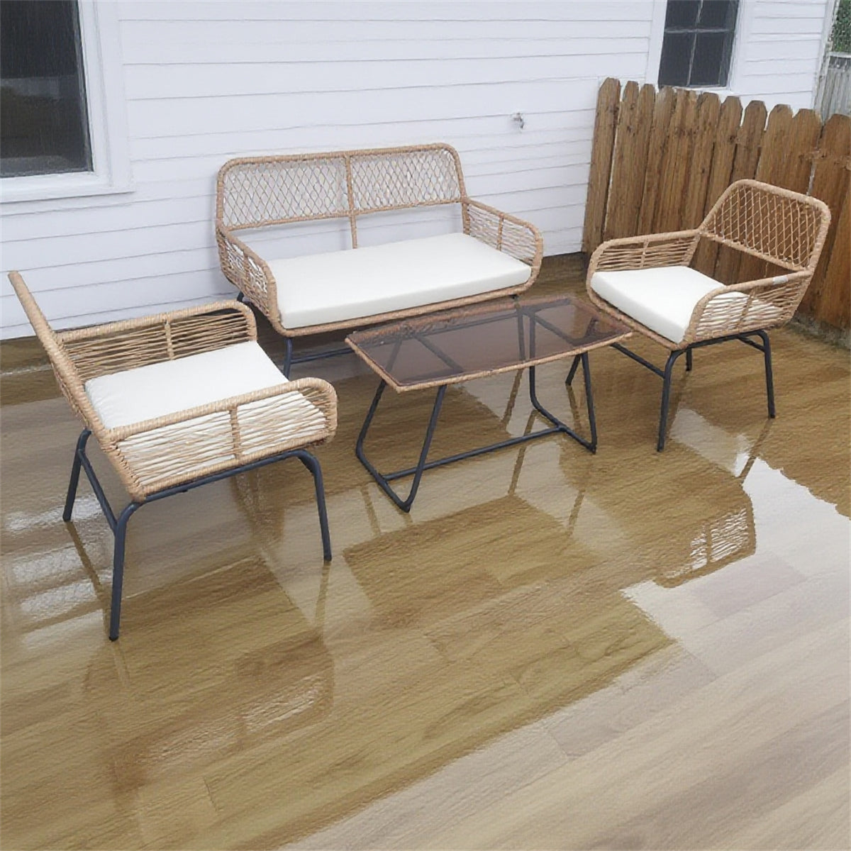 SFTZ2634 Light Brown Rattan Outdoor Lounge Set with Cream Cushions – North American Modern Luxury Backyard Patio 4-Piece Outdoor Social Furniture Set