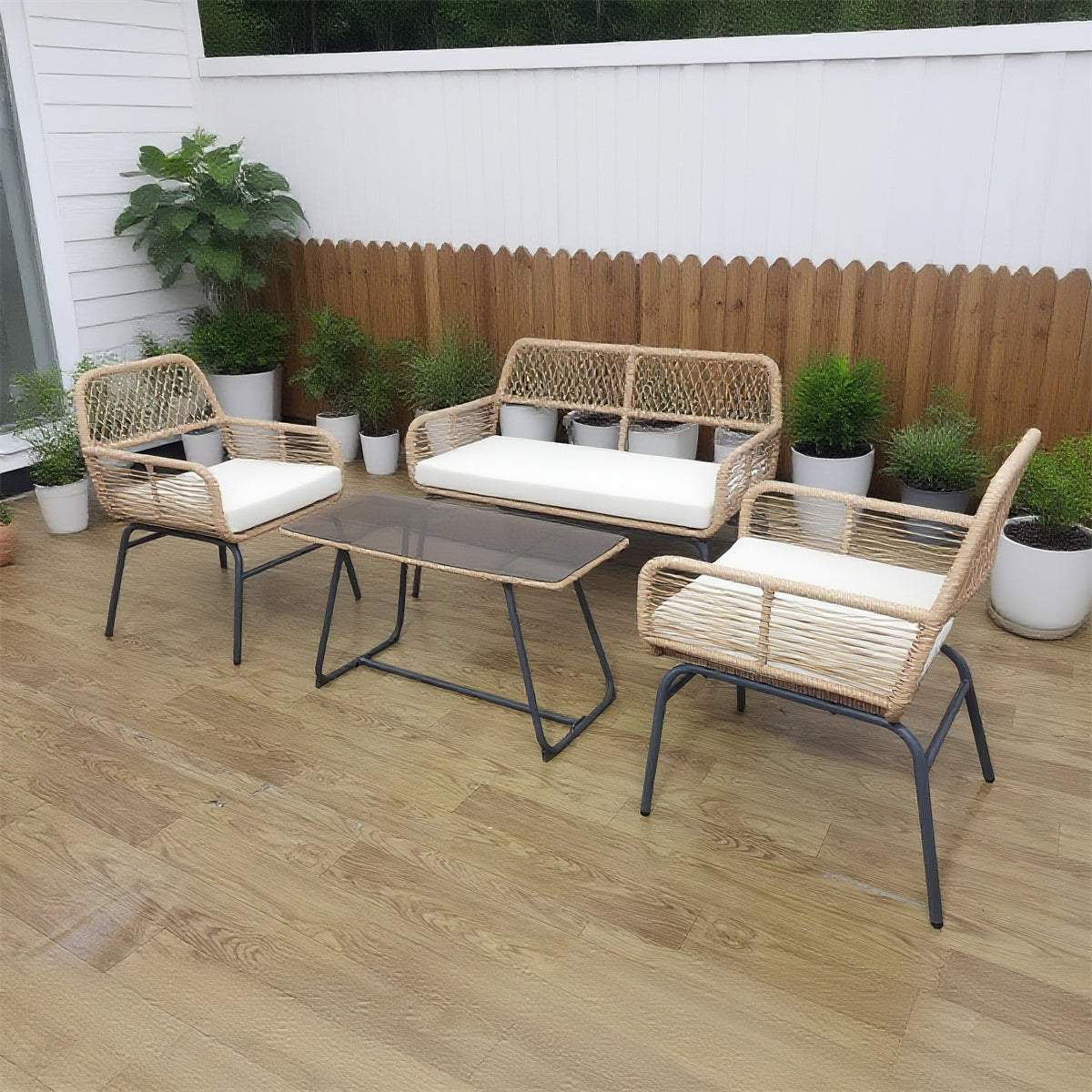 SFTZ2634 Light Brown Rattan Outdoor Lounge Set with Cream Cushions – North American Modern Luxury Backyard Patio 4-Piece Outdoor Social Furniture Set