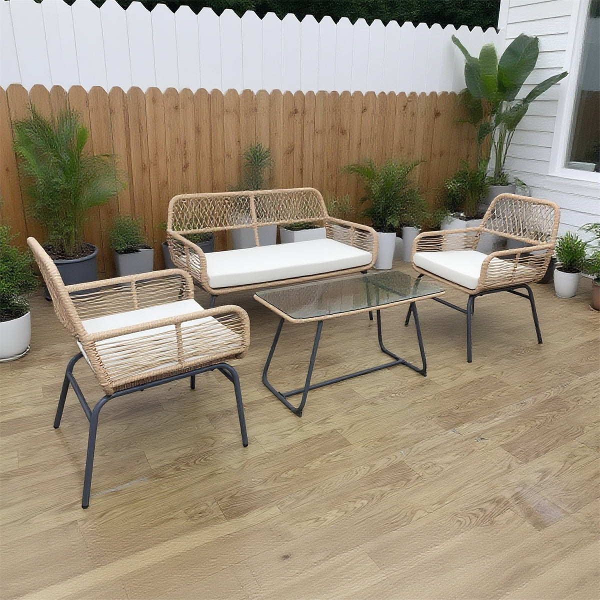 SFTZ2634 Light Brown Rattan Outdoor Lounge Set with Cream Cushions – North American Modern Luxury Backyard Patio 4-Piece Outdoor Social Furniture Set