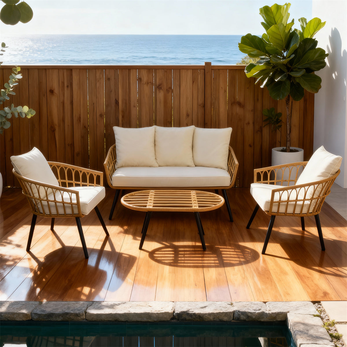 SFTZ2636 Light Brown Rattan Outdoor Lounge Set with Cream Cushions – Santorini Coastal Cliff Terrace 4-Piece Luxury Outdoor Social Furniture Set