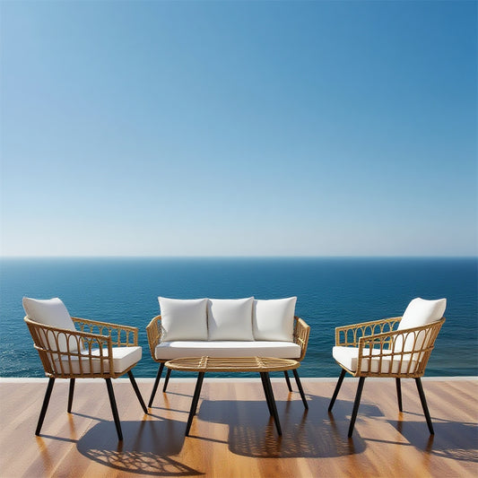 SFTZ2636 Light Brown Rattan Outdoor Lounge Set with Cream Cushions – Santorini Coastal Cliff Terrace 4-Piece Luxury Outdoor Social Furniture Set