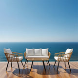 SFTZ2636 Light Brown Rattan Outdoor Lounge Set with Cream Cushions – Santorini Coastal Cliff Terrace 4-Piece Luxury Outdoor Social Furniture Set