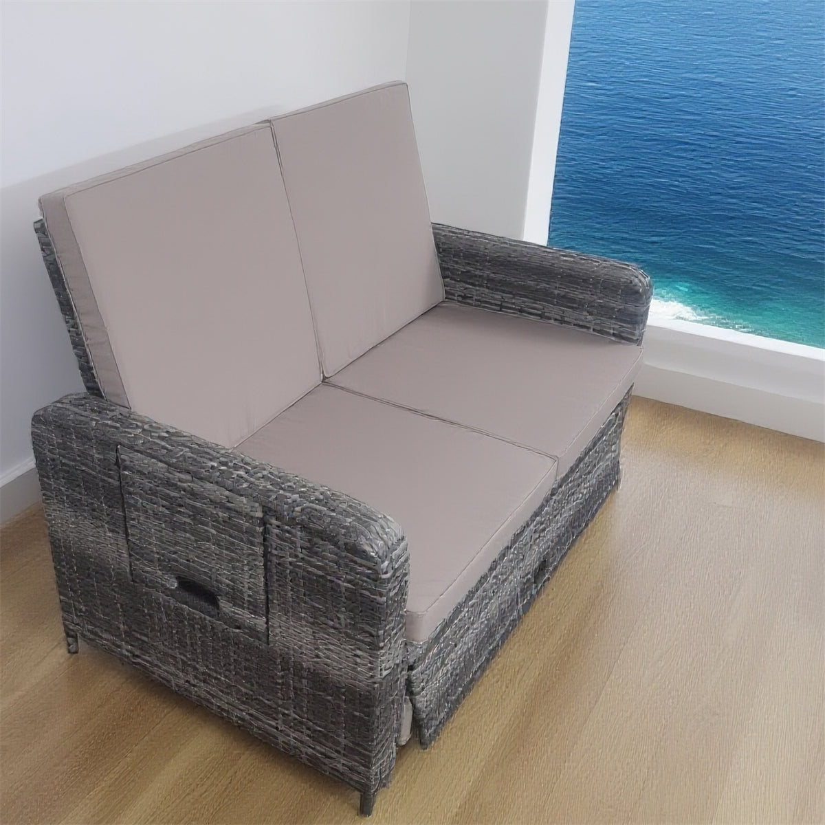 SFTZ2637 Grey Wicker Convertible Outdoor Sofa Bed Set with Beige Cushions – Yacht & Coastal Terrace 2-Piece Luxury Outdoor Multi-Functional Furniture Set