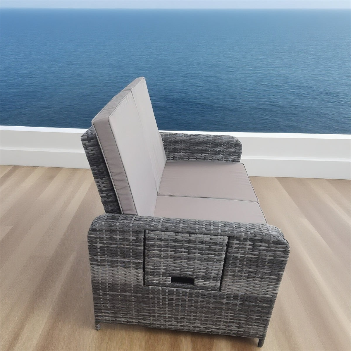 SFTZ2637 Grey Wicker Convertible Outdoor Sofa Bed Set with Beige Cushions – Yacht & Coastal Terrace 2-Piece Luxury Outdoor Multi-Functional Furniture Set