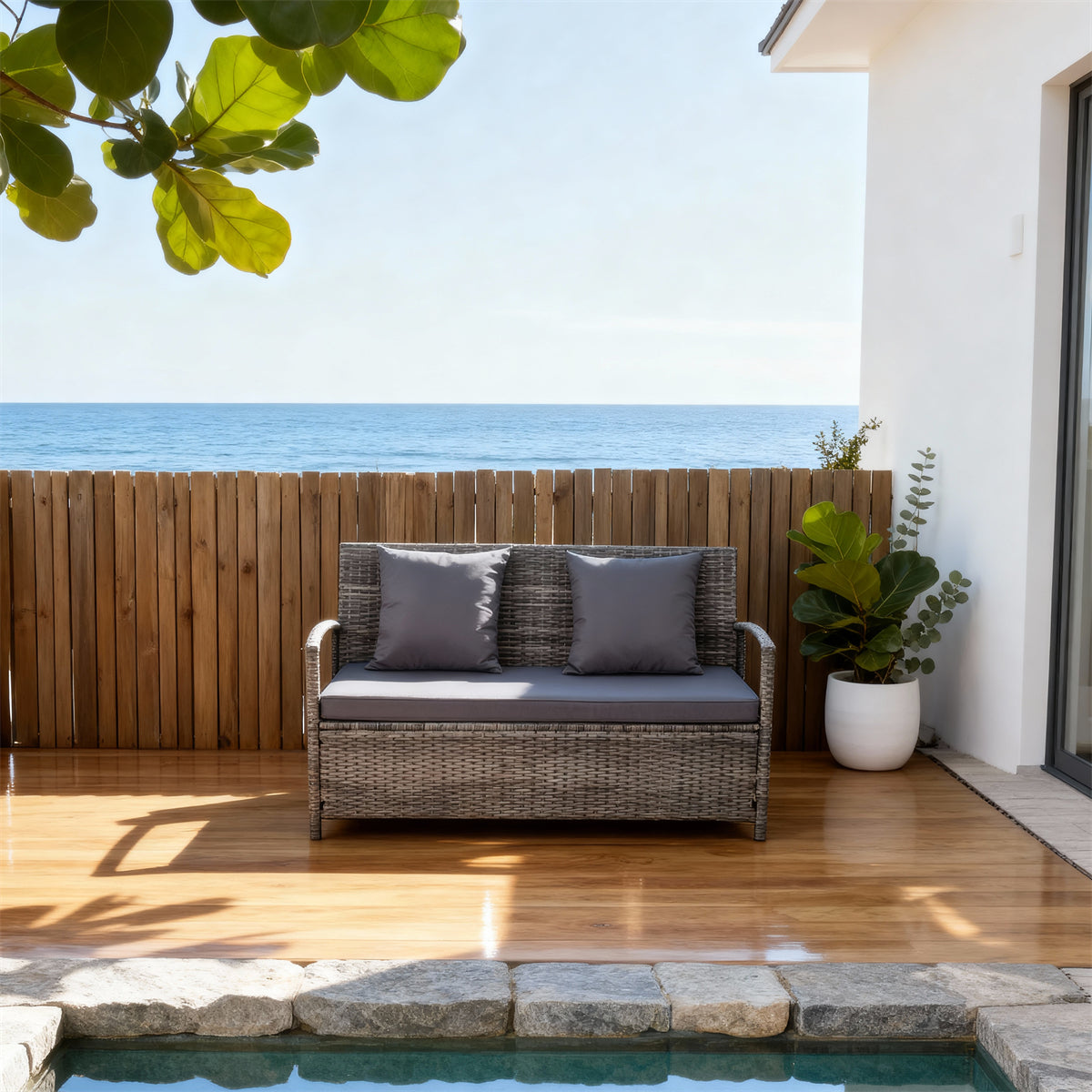 SFTZ2638 Grey Wicker Outdoor Loveseat with Deep Purple Cushions – Mykonos Pool Cliff Terrace Luxury Outdoor 2-Seater Sofa