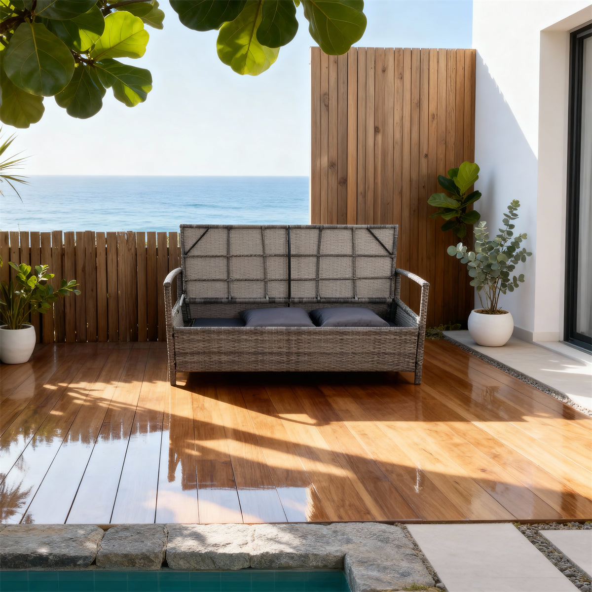 SFTZ2638 Grey Wicker Outdoor Loveseat with Deep Purple Cushions – Mykonos Pool Cliff Terrace Luxury Outdoor 2-Seater Sofa