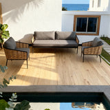 SFTZ2639 Light Brown Rattan Outdoor Lounge Set with Dark Grey Cushions – Ibiza Coastal Pool Terrace 3-Piece Luxury Outdoor Social Furniture Set
