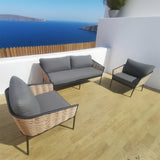 SFTZ2639 Light Brown Rattan Outdoor Lounge Set with Dark Grey Cushions – Ibiza Coastal Pool Terrace 3-Piece Luxury Outdoor Social Furniture Set