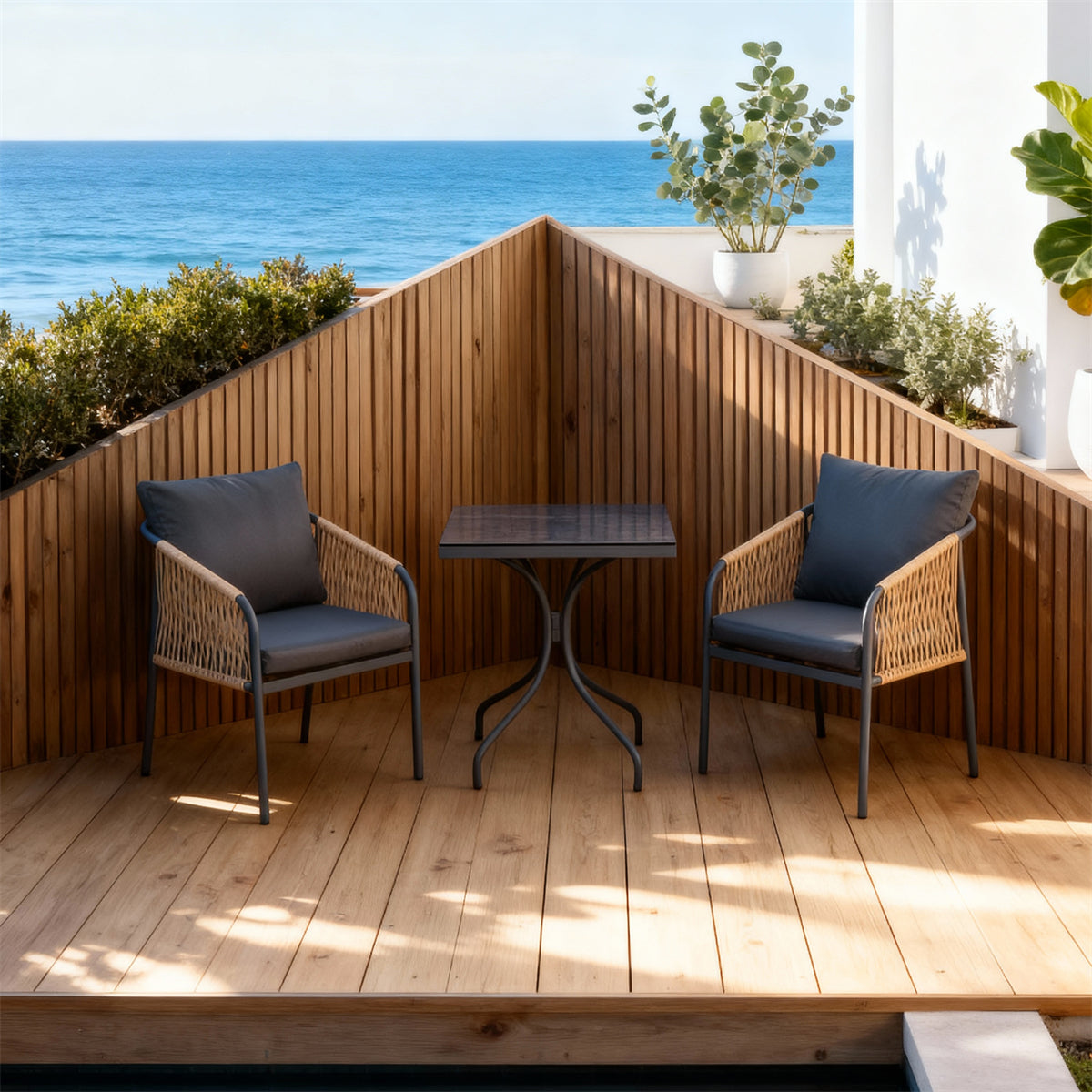 SFTZ2640 Light Brown Rattan Outdoor Lounge & Dining Set with Dark Grey Cushions – Sydney Coastal Courtyard Patio 3-Piece Luxury Outdoor Social Furniture Set