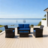 SFTZ2642 Dark Brown Rattan Outdoor Lounge Set with Royal Blue Cushions – Melbourne Coastal Pool Villa Patio 4-Piece Luxury Outdoor Social Furniture Set