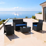 SFTZ2642 Dark Brown Rattan Outdoor Lounge Set with Royal Blue Cushions – Melbourne Coastal Pool Villa Patio 4-Piece Luxury Outdoor Social Furniture Set