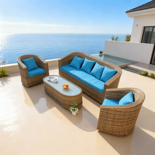 SFTZ2643 Light Brown Rattan Outdoor Lounge Set with Bright Blue Cushions – Monaco Coastal Cliff Villa Patio 4-Piece Luxury Outdoor Social Furniture Set