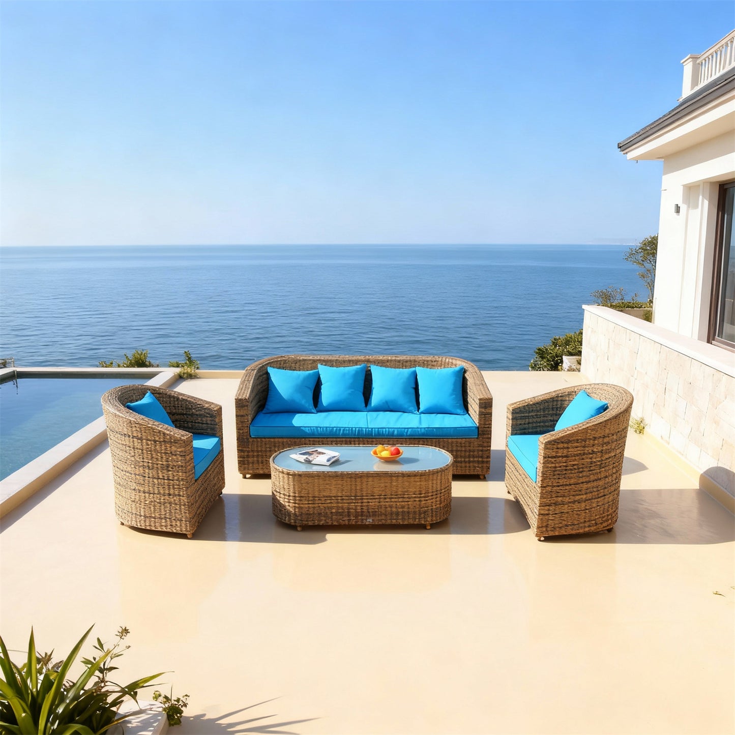 SFTZ2643 Light Brown Rattan Outdoor Lounge Set with Bright Blue Cushions – Monaco Coastal Cliff Villa Patio 4-Piece Luxury Outdoor Social Furniture Set