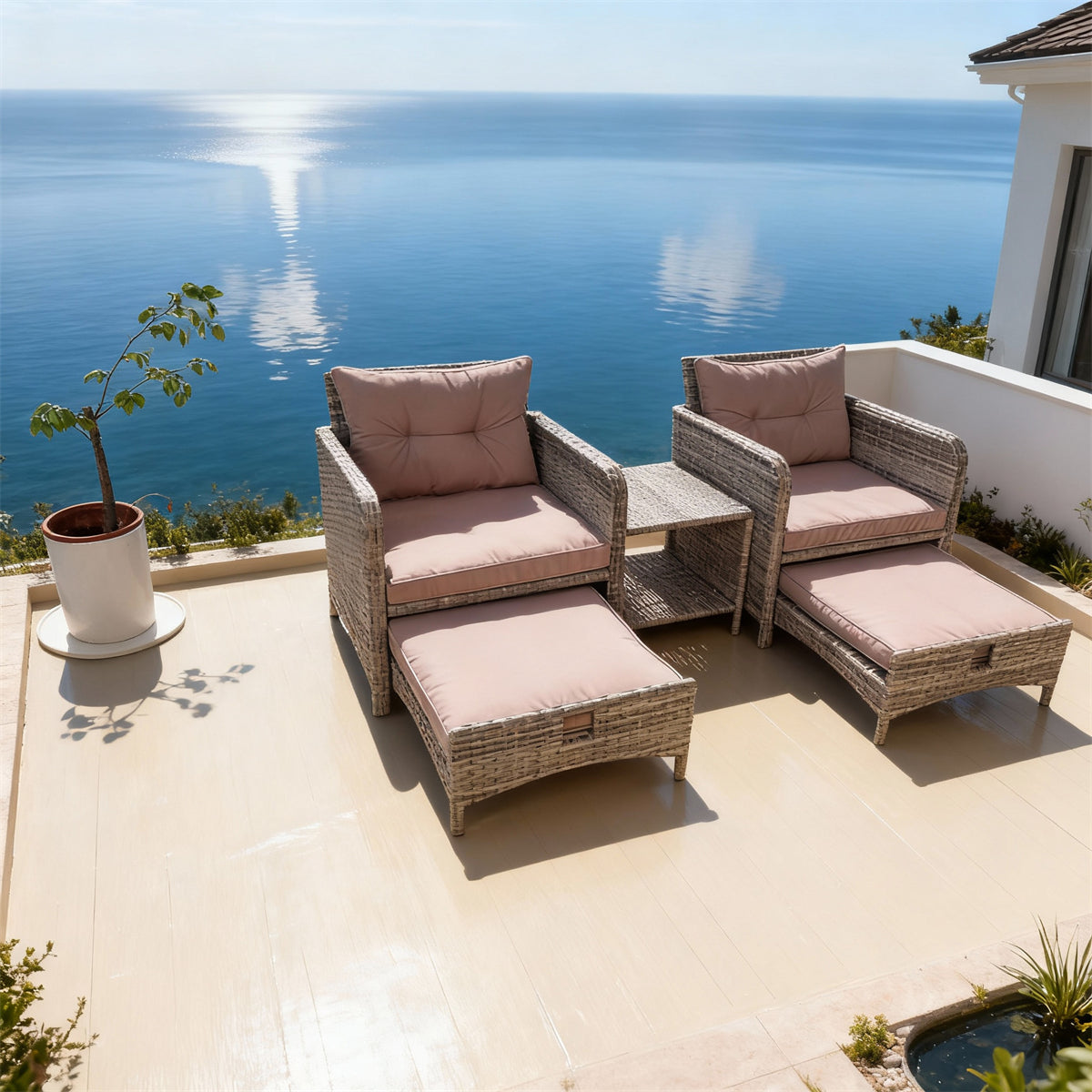 SFTZ2645 Dark Brown Rattan Outdoor Lounge Set with Bright Blue Cushions – New Zealand Coastal Cliff-Top Villa Patio 5-Piece Luxury Outdoor Social Furniture Set