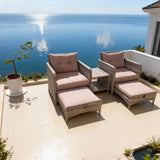 SFTZ2645 Dark Brown Rattan Outdoor Lounge Set with Bright Blue Cushions – New Zealand Coastal Cliff-Top Villa Patio 5-Piece Luxury Outdoor Social Furniture Set