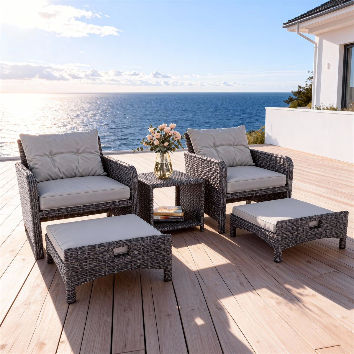 SFTZ2645 Dark Brown Rattan Outdoor Lounge Set with Bright Blue Cushions – New Zealand Coastal Cliff-Top Villa Patio 5-Piece Luxury Outdoor Social Furniture Set