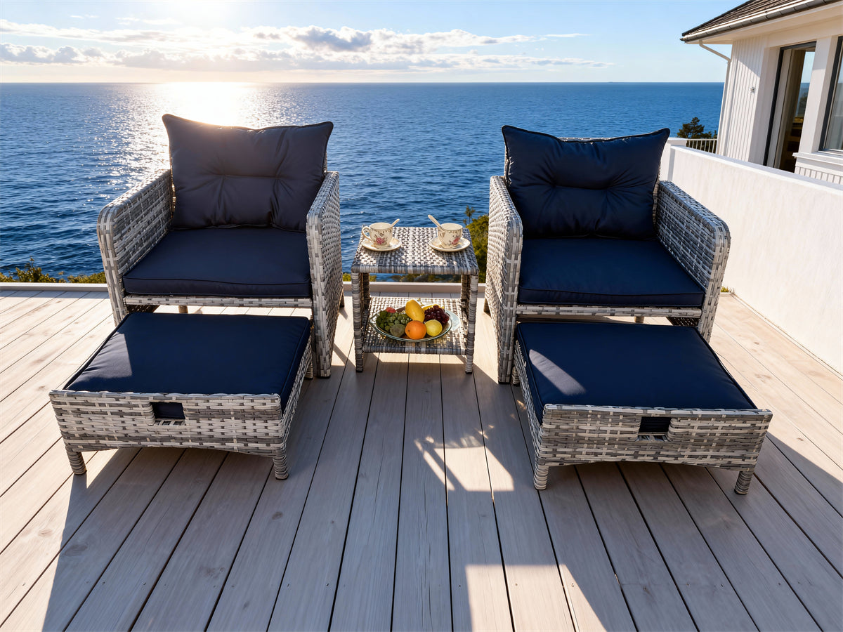 SFTZ2645 Dark Brown Rattan Outdoor Lounge Set with Bright Blue Cushions – New Zealand Coastal Cliff-Top Villa Patio 5-Piece Luxury Outdoor Social Furniture Set