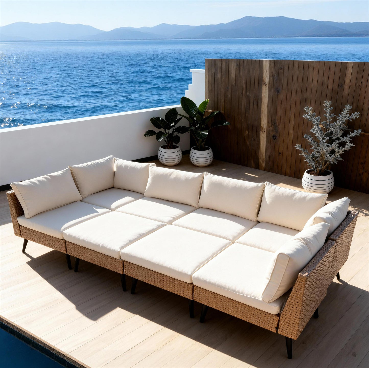 SFTZ2646 Light Brown Rattan L-Shaped Modular Outdoor Sofa with Cream Cushions – Valparaíso Coastal Pool Villa Patio 4-Piece Luxury Outdoor Social Furniture Set