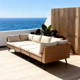 SFTZ2646 Light Brown Rattan L-Shaped Modular Outdoor Sofa with Cream Cushions – Valparaíso Coastal Pool Villa Patio 4-Piece Luxury Outdoor Social Furniture Set