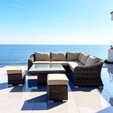 SFTZ2647 Grey Rattan L-Shaped Outdoor Lounge Set with Cream Cushions – Bergen Coastal Cliff-Top Villa Patio 5-Piece Luxury Outdoor Social Furniture Set