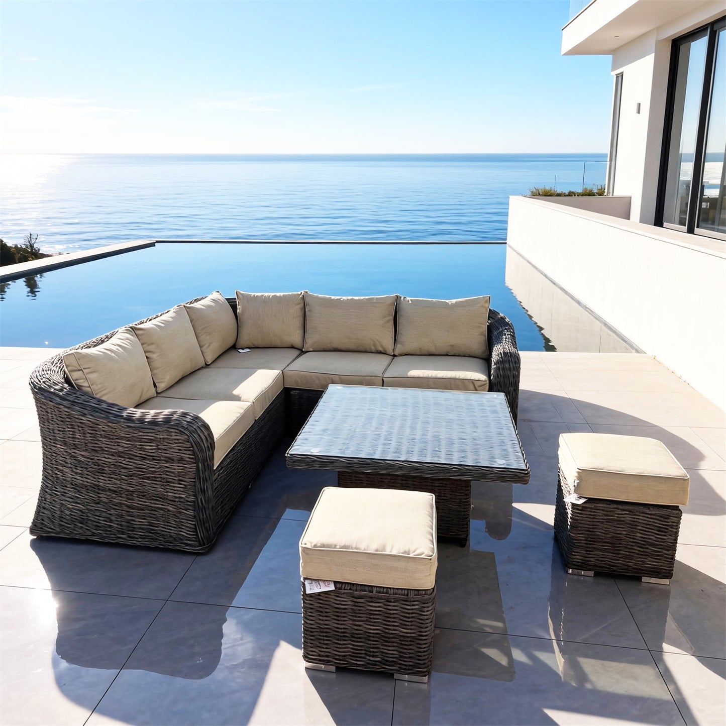 SFTZ2647 Grey Rattan L-Shaped Outdoor Lounge Set with Cream Cushions – Bergen Coastal Cliff-Top Villa Patio 5-Piece Luxury Outdoor Social Furniture Set