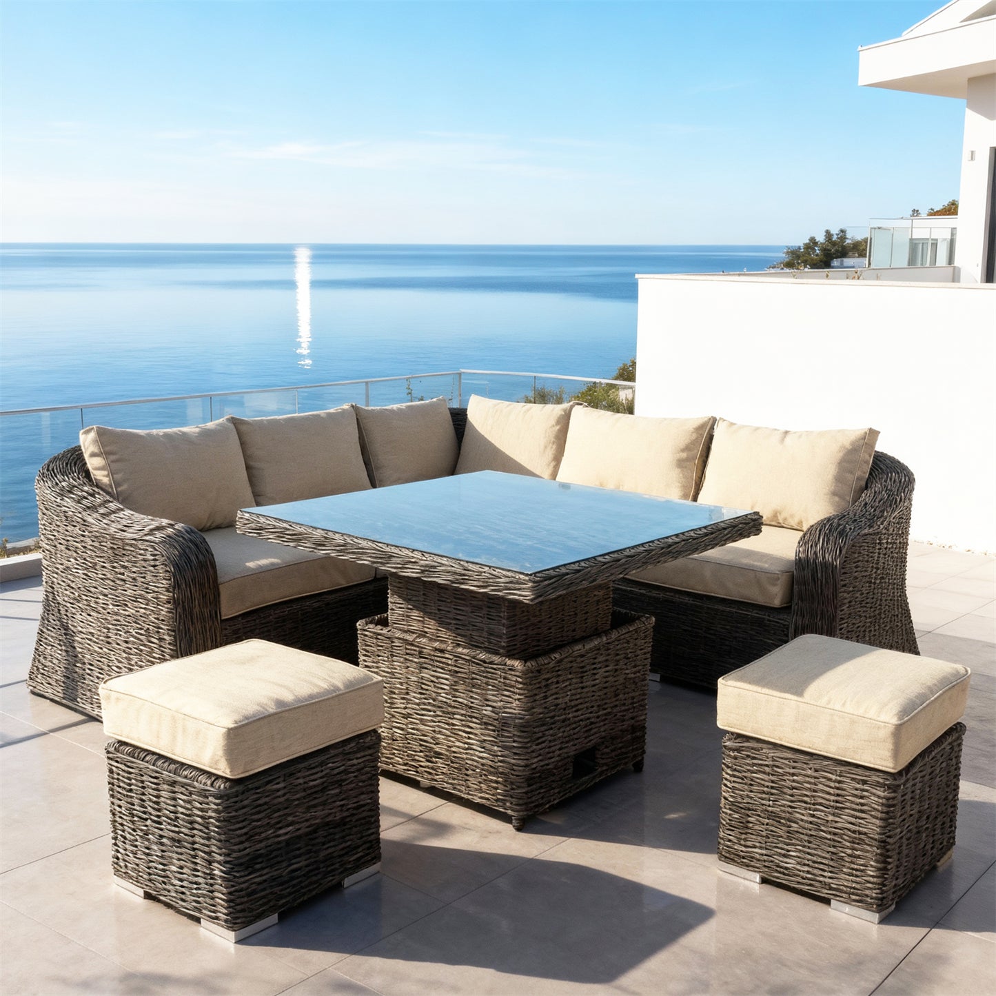 SFTZ2647 Grey Rattan L-Shaped Outdoor Lounge Set with Cream Cushions – Bergen Coastal Cliff-Top Villa Patio 5-Piece Luxury Outdoor Social Furniture Set