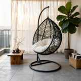 SWC2609 Black Wicker Hanging Egg Chair with Stand & Cushion – Coastal Patio Swing Lounge Chair Set with Side Table
