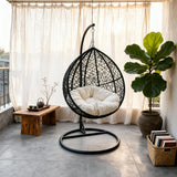 SWC2609 Black Wicker Hanging Egg Chair with Stand & Cushion – Coastal Patio Swing Lounge Chair Set with Side Table
