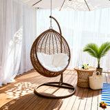 SWC2610 Brown Wicker Hanging Egg Chair with Stand & Cushion – Boho Patio Swing Lounge Chair Set with Side Table