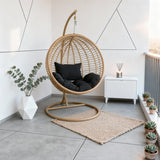 SWC261102 Gold Rattan Hanging Egg Chair with Stand & Cushion – Luxury Coastal Patio Swing Lounge Chair Set