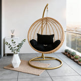 SWC261102 Gold Rattan Hanging Egg Chair with Stand & Cushion – Luxury Coastal Patio Swing Lounge Chair Set